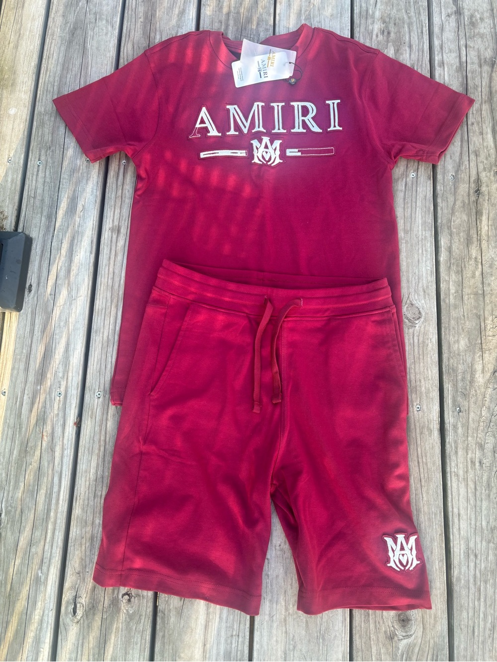 AMIRI Deep Red Logo Tee and Drawstring Shorts Set